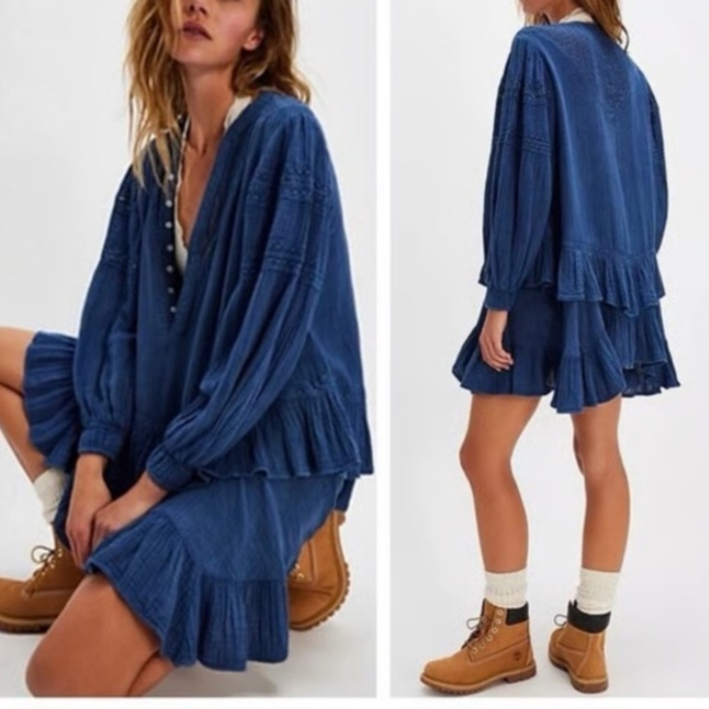 NWT FREE PEOPLE Sachi Blue Ruffled Women's Dress size XS-M